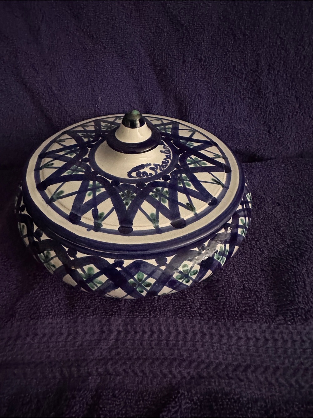 Blue & Green Ceramic Lidded Storage Bowl - Decorative Home Organizer